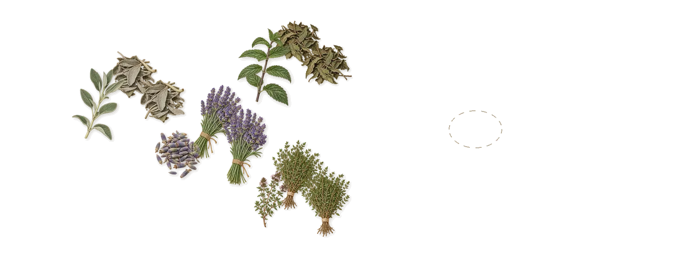 Agua Brava’s scent picture, a draft: lavender, thyme, sage, mint drawn so far; dashed outlines where nothing is drawn yet