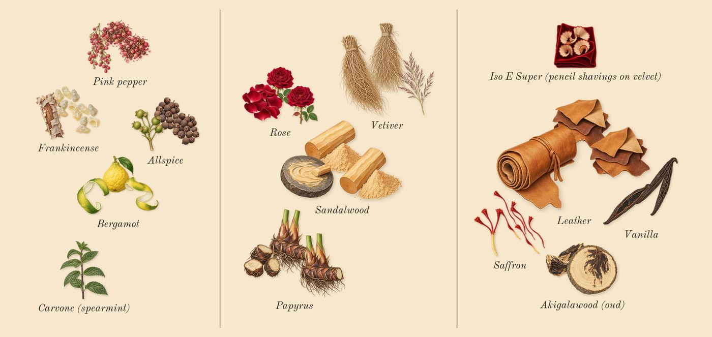 Purpose 50’s scent picture, a draft: bergamot, pink pepper, frankincense, allspice, rose, vetiver drawn so far; dashed outlines where nothing is drawn yet