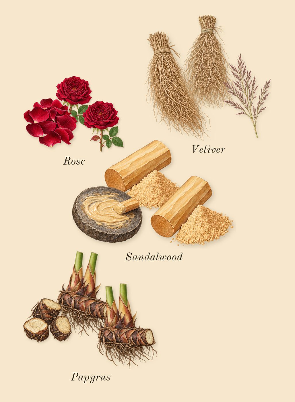 Purpose, heart: Rose, Vetiver, Sandalwood, Papyrus