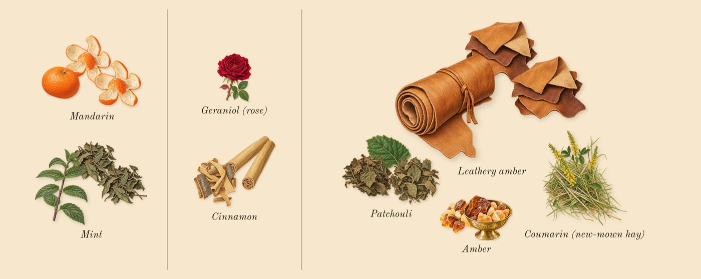 1 Million’s scent picture, a draft: mandarin, cinnamon, leathery amber, mint, amber, patchouli drawn so far; dashed outlines where nothing is drawn yet