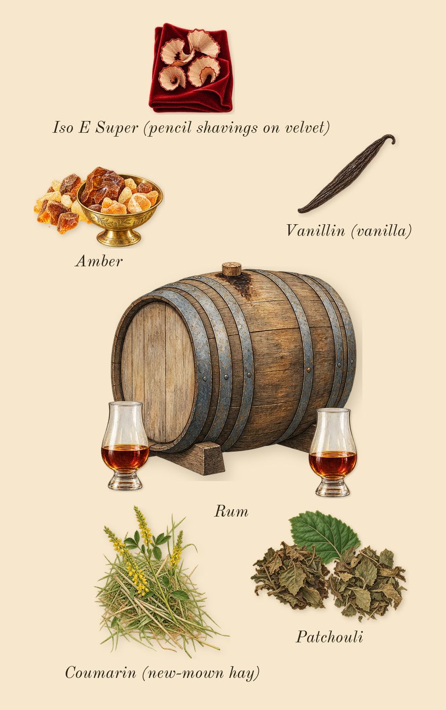 1 Million Night Elixir, dry-down: Amber, Patchouli, Rum, Iso E Super (pencil shavings on velvet), Coumarin (new-mown hay), Vanillin (vanilla)