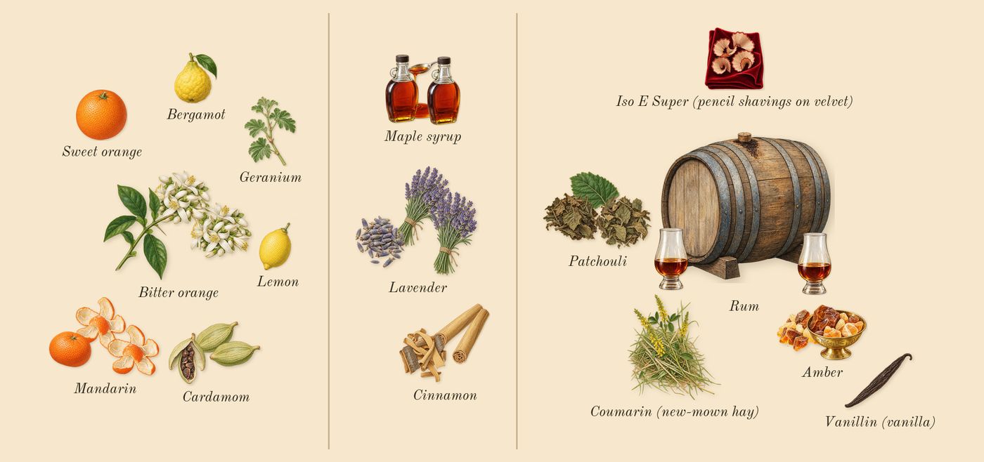 1 Million Night Elixir’s scent picture, a draft: mandarin, bitter orange, cardamom, maple syrup, cinnamon, lavender drawn so far; dashed outlines where nothing is drawn yet