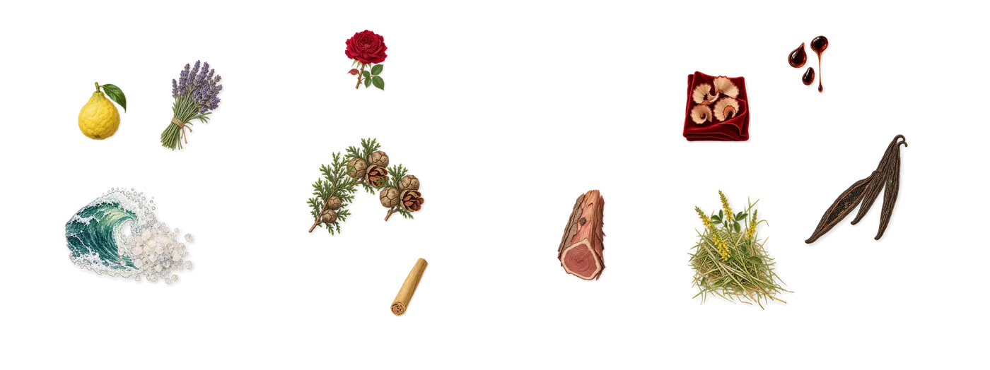 Invictus Elixir Parfum Elixir’s scent picture, a draft: salted mineral, cypress, vanilla (vanillin), bergamot, virginia cedar, lavender drawn so far; dashed outlines where nothing is drawn yet