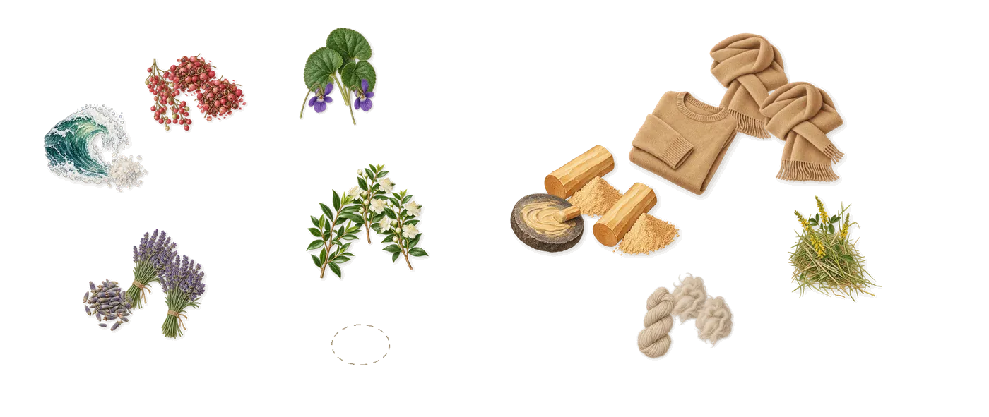 Invictus’s scent picture, a draft: lavender, pink pepper, marine haze, myrtle, violet, sandalwood drawn so far; dashed outlines where nothing is drawn yet