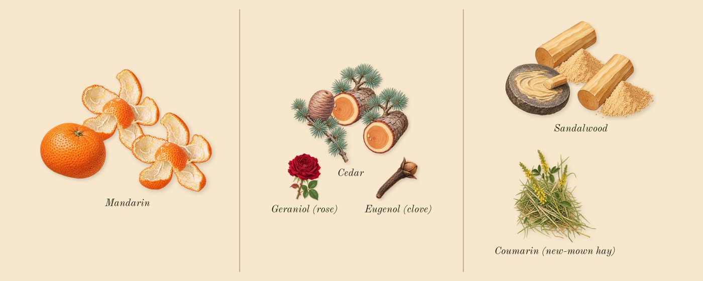 Million Gold’s scent picture, a draft: mandarin, cedar, sandalwood, coumarin (new-mown hay), geraniol (rose), eugenol (clove) drawn so far; dashed outlines where nothing is drawn yet