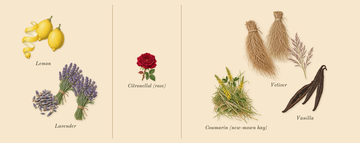 Phantom’s scent picture, a draft: lavender, lemon, vanilla, vetiver, coumarin (new-mown hay), citronellol (rose) drawn so far; dashed outlines where nothing is drawn yet
