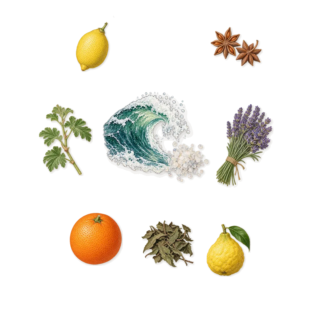 Phantom Elixir, when you spray it: Marine notes, Bergamot, Lemon, Lavender, Sweet orange, Geranium, Mint, Anethole (anise)