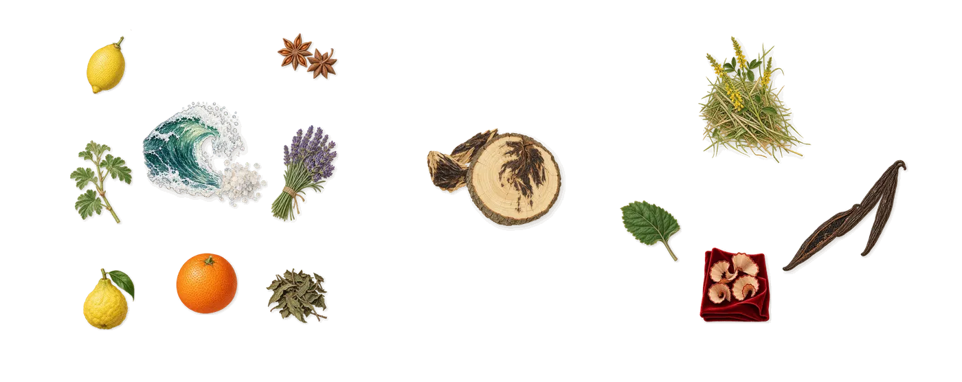 Phantom Elixir’s scent picture, a draft: marine notes, oud, vanilla (vanillin), bergamot, patchouli, lemon drawn so far; dashed outlines where nothing is drawn yet