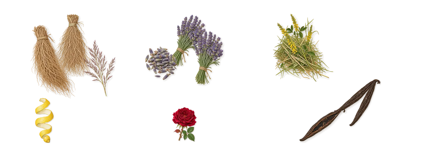 Phantom’s scent picture, a draft: vetiver, lavender, vanilla, coumarin (new-mown hay), citral (lemon), geraniol (rose) drawn so far; dashed outlines where nothing is drawn yet