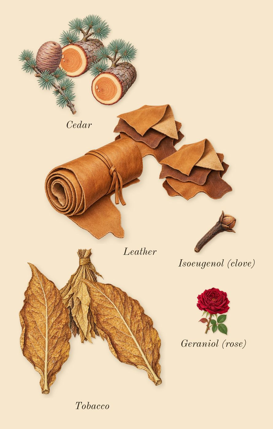 Polo, heart: Leather, Tobacco, Cedar, Geraniol (rose), Isoeugenol (clove)