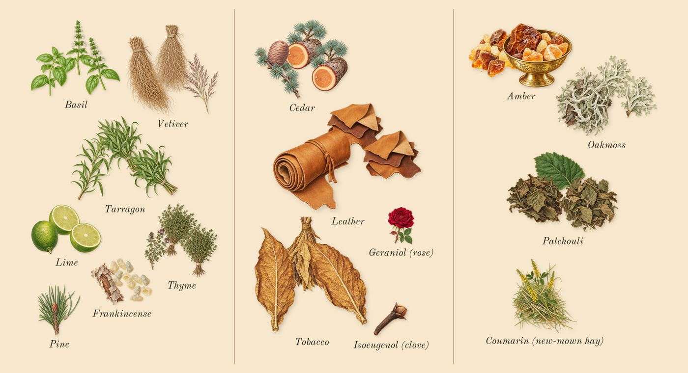 Polo’s scent picture, a draft: lime, basil, vetiver, leather, tobacco, cedar drawn so far; dashed outlines where nothing is drawn yet