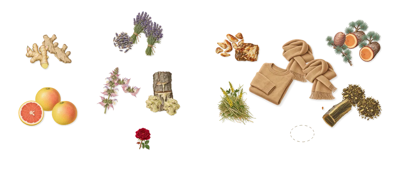 Polo Red’s scent picture, a draft: ginger, grapefruit, clary sage, lavender, elemi, cedar drawn so far; dashed outlines where nothing is drawn yet