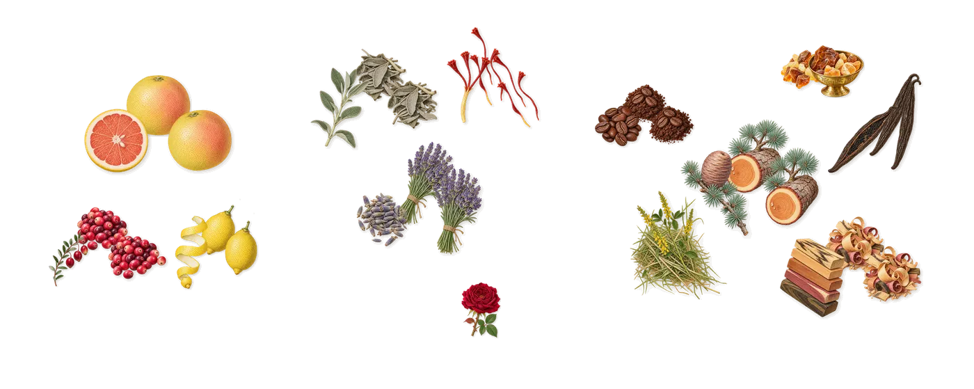 Polo Red’s scent picture, a draft: grapefruit, cranberry, lemon, lavender, saffron, sage drawn so far; dashed outlines where nothing is drawn yet