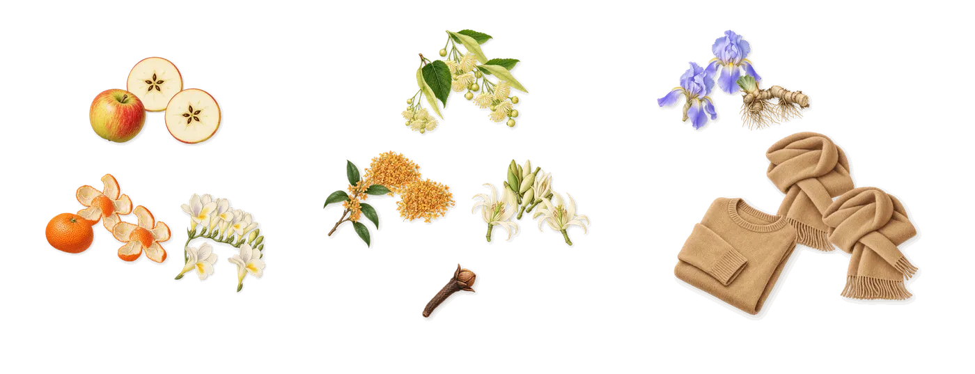 Ralph’s scent picture, a draft: apple, mandarin, freesia, magnolia, linden, osmanthus drawn so far; dashed outlines where nothing is drawn yet