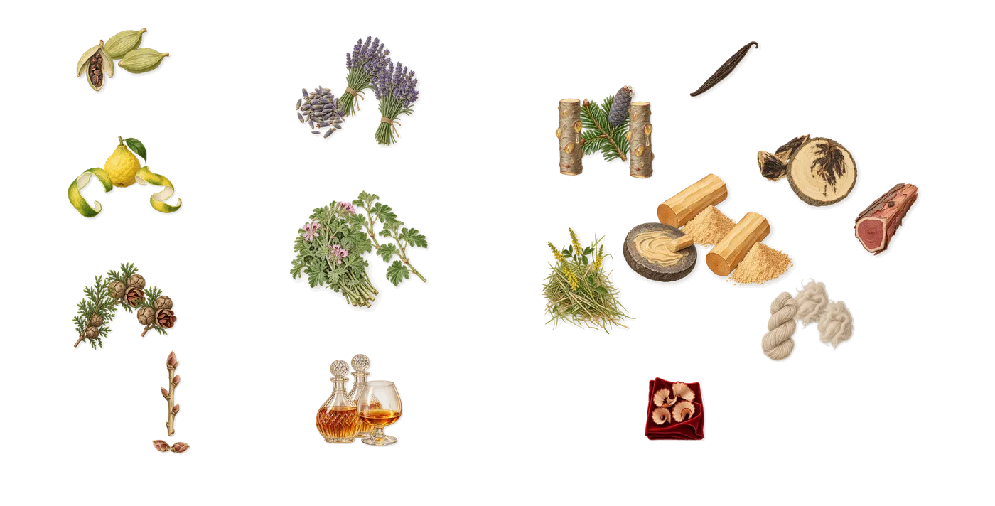 Ralph's Club New York’s scent picture, a draft: cypress, bergamot, cardamom, blackcurrant, lavender, geranium drawn so far; dashed outlines where nothing is drawn yet