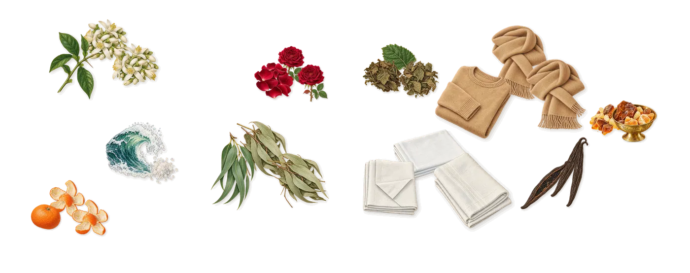 Élise’s scent picture, a draft: neroli, mandarin, marine notes, rose, eucalyptus, patchouli drawn so far; dashed outlines where nothing is drawn yet