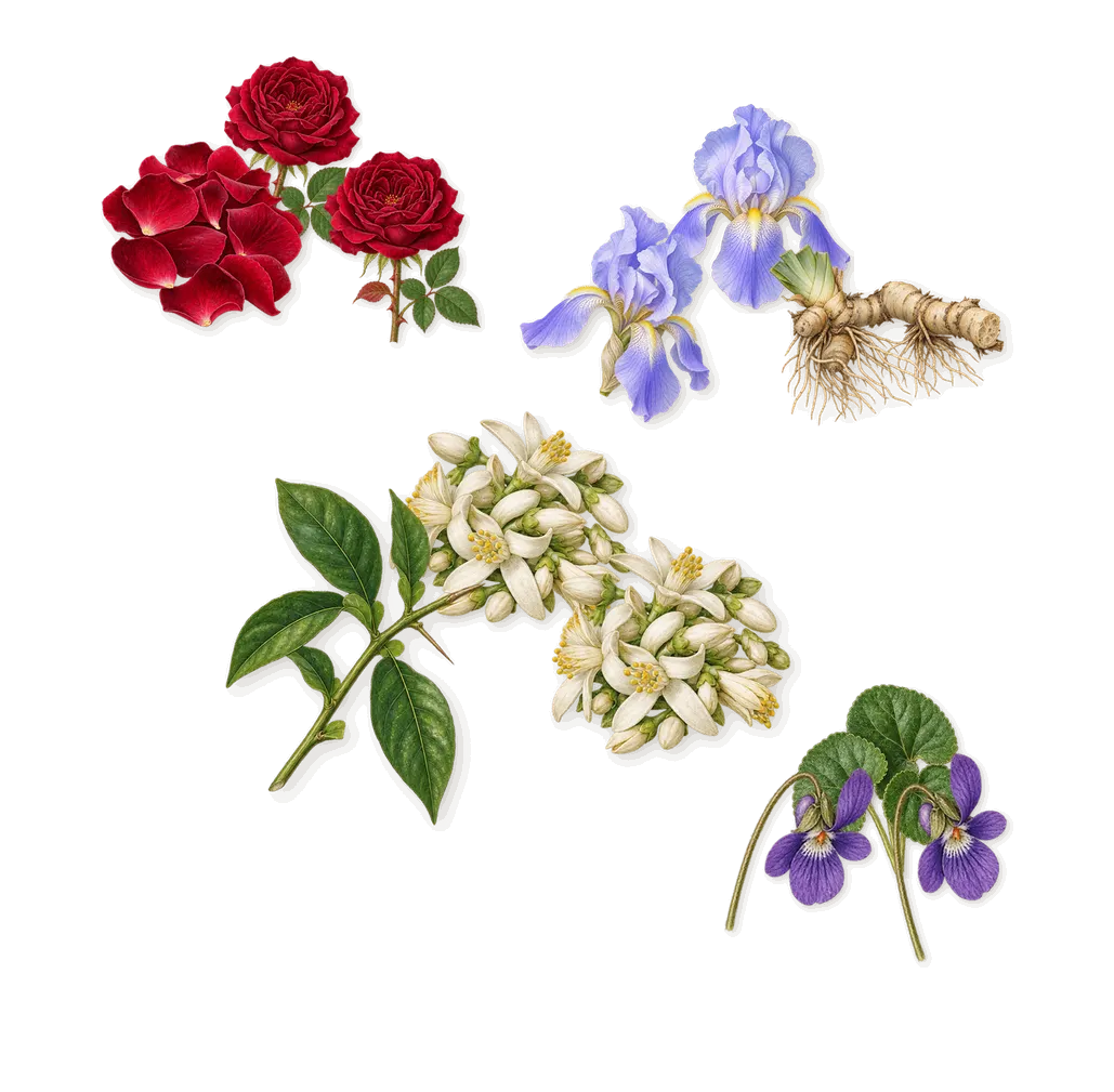 Le Roi Empereur, as it settles: Orange blossom, Iris, Rose, Violet