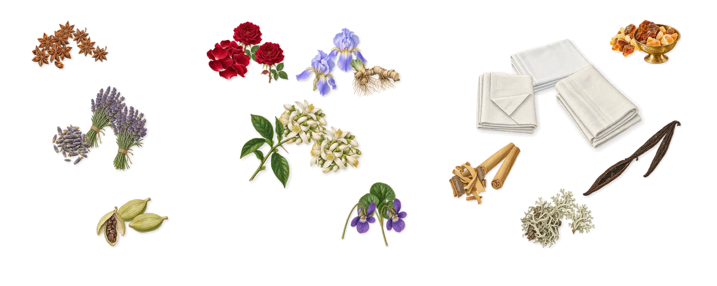 Le Roi Empereur’s scent picture, a draft: anise, cardamom, lavender, orange blossom, iris, rose drawn so far; dashed outlines where nothing is drawn yet