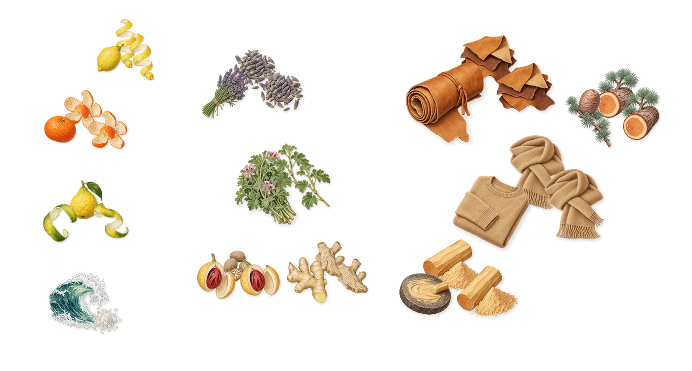 Le Vainqueur’s scent picture, a draft: bergamot, mandarin, marine notes, lavender, ginger, nutmeg drawn so far; dashed outlines where nothing is drawn yet