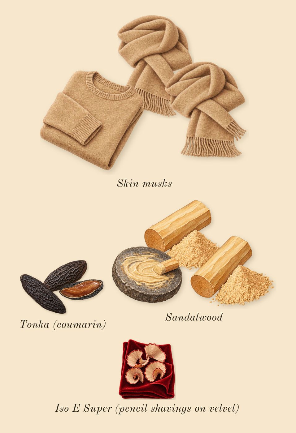 Rare, dry-down: Sandalwood, Tonka (coumarin), Skin musks, Iso E Super (pencil shavings on velvet)