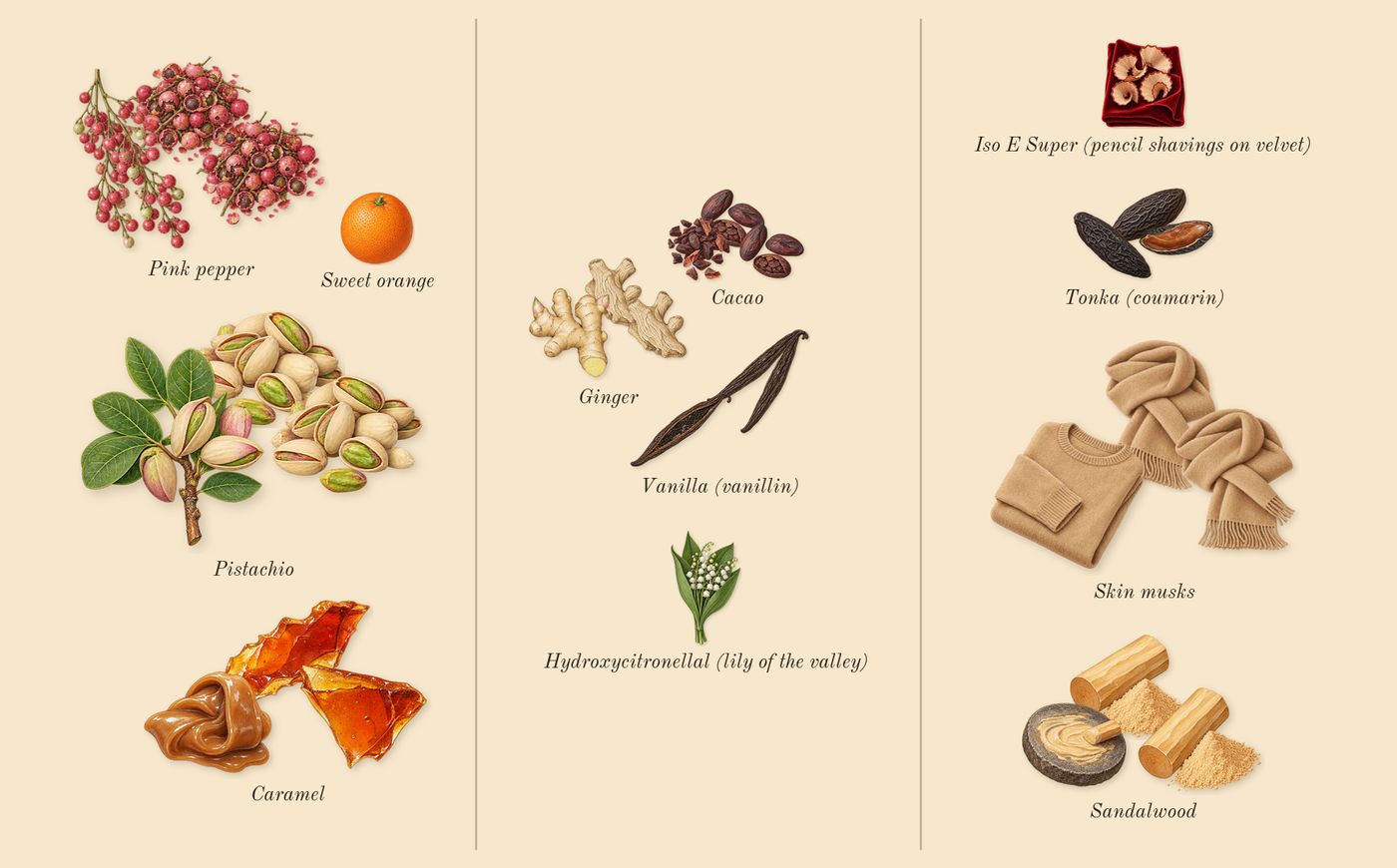 Rare’s scent picture, a draft: caramel, pistachio, pink pepper, vanilla (vanillin), ginger, cacao drawn so far; dashed outlines where nothing is drawn yet