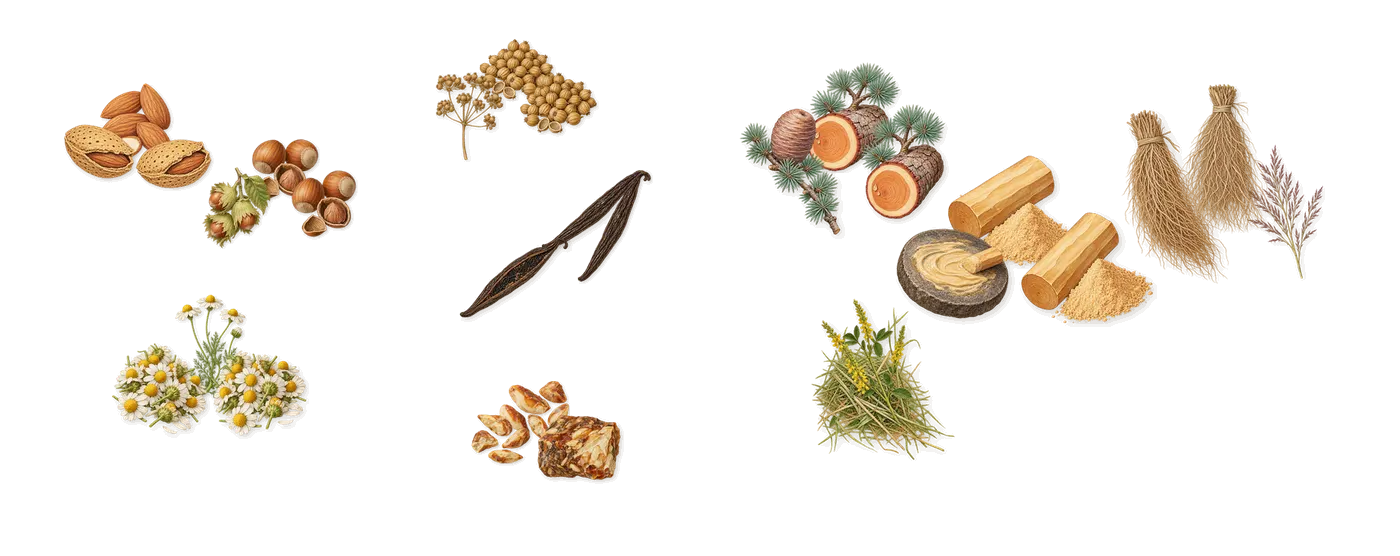 Green Vanille’s scent picture, a draft: hazelnut, almond, chamomile, vanilla, coriander, benzoin drawn so far; dashed outlines where nothing is drawn yet