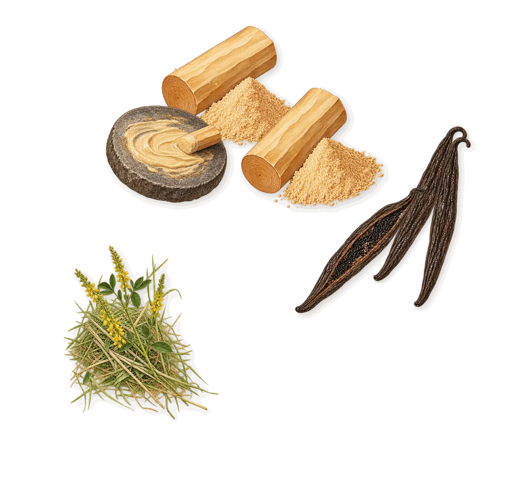 Man, what stays: Vanilla, Sandalwood, Coumarin (new-mown hay)