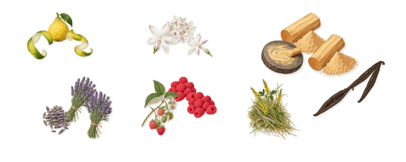 Man’s scent picture, a draft: lavender, bergamot, jasmine, raspberry, vanilla, sandalwood drawn so far; dashed outlines where nothing is drawn yet