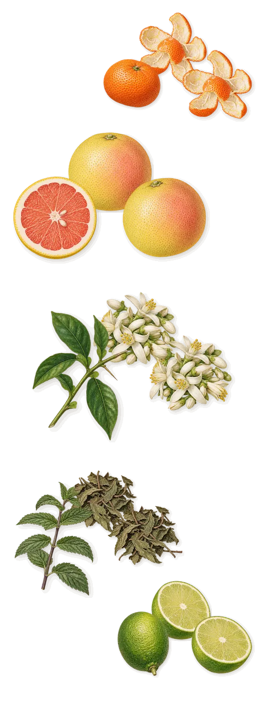 Burlington 1819, when you spray it: Grapefruit, Lime, Mandarin, Bitter orange, Mint