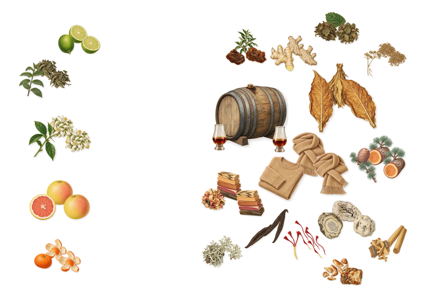 Burlington 1819’s scent picture, a draft: grapefruit, lime, mandarin, bitter orange, mint, ginger drawn so far; dashed outlines where nothing is drawn yet