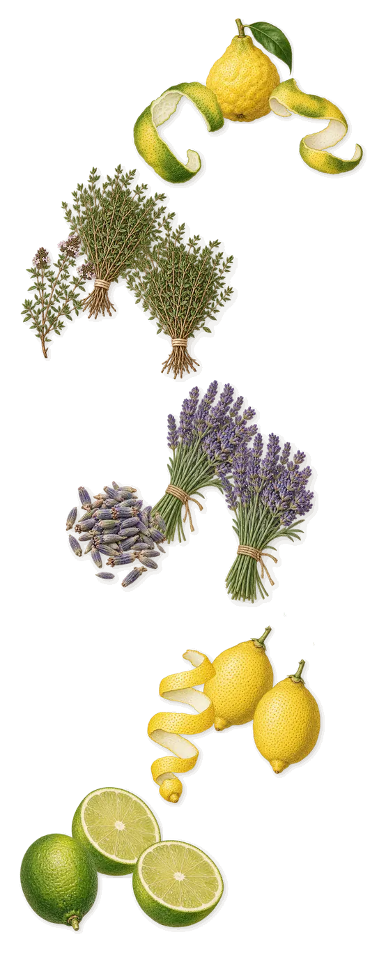 Isola Blu, when you spray it: Lemon, Bergamot, Lime, Lavender, Thyme