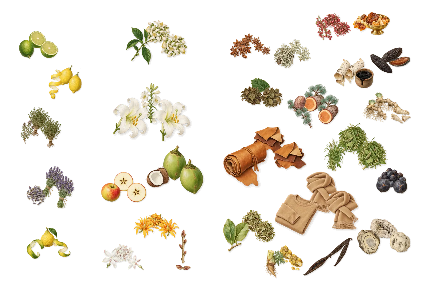 Isola Blu’s scent picture, a draft: lemon, bergamot, lime, lavender, thyme, apple drawn so far; dashed outlines where nothing is drawn yet