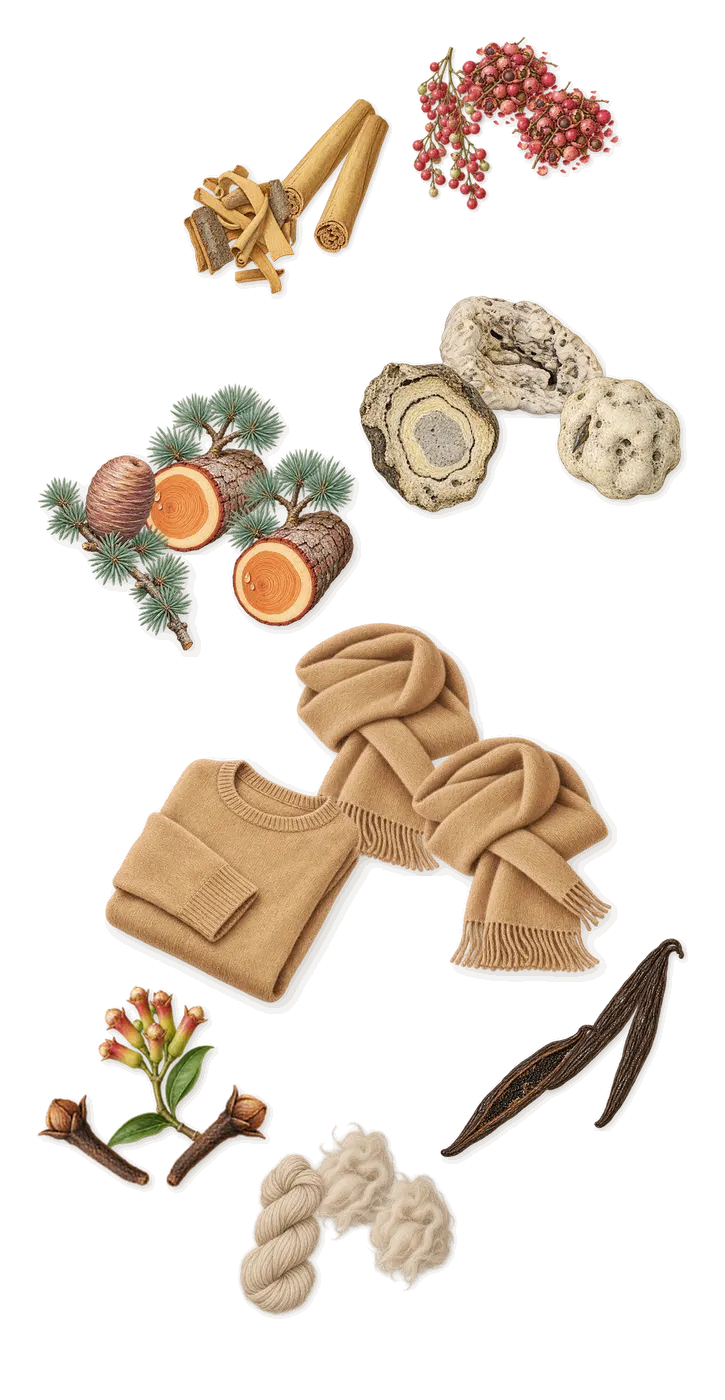 Lost in Paris, what stays: Pink pepper, Cinnamon, Clove, Cedar, Cashmeran (cashmere wood), Vanilla, Ambergris, Musk