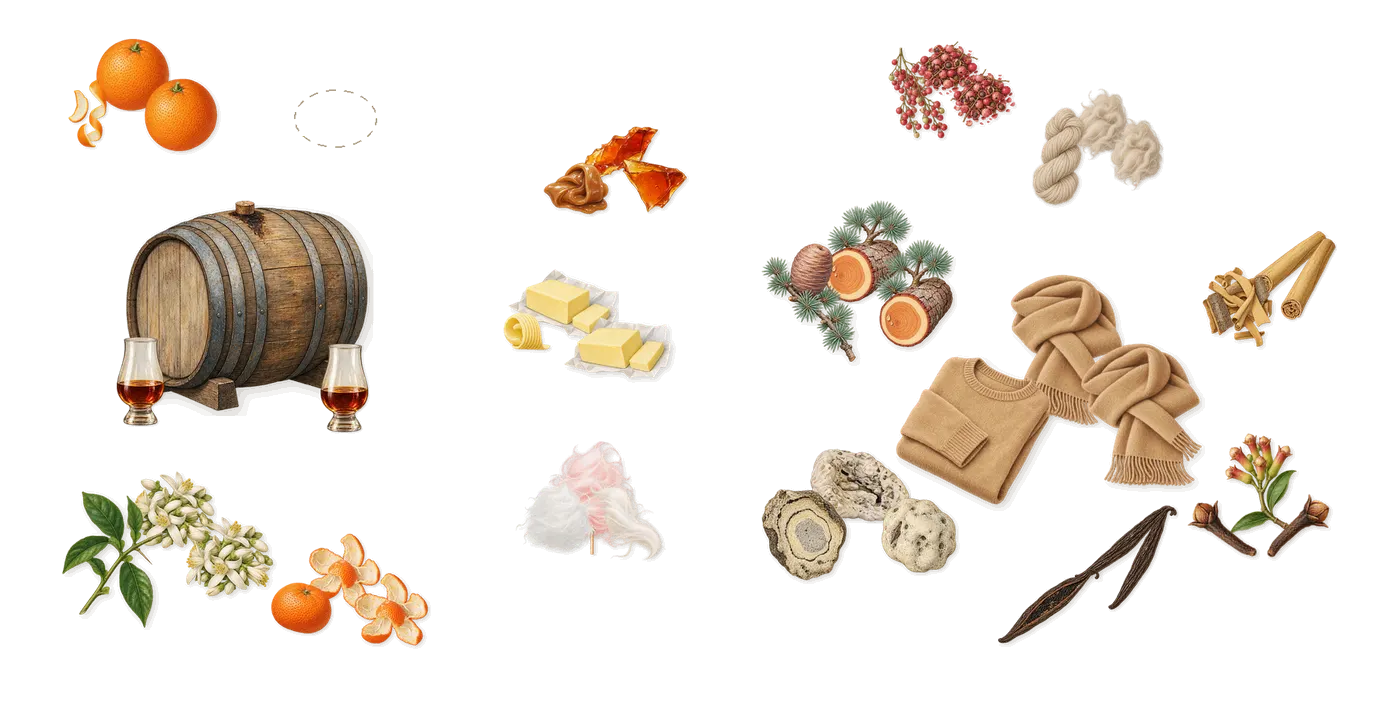 Lost in Paris’s scent picture, a draft: sweet orange, bitter orange, mandarin, rum, caramelised sugar, butter drawn so far; dashed outlines where nothing is drawn yet