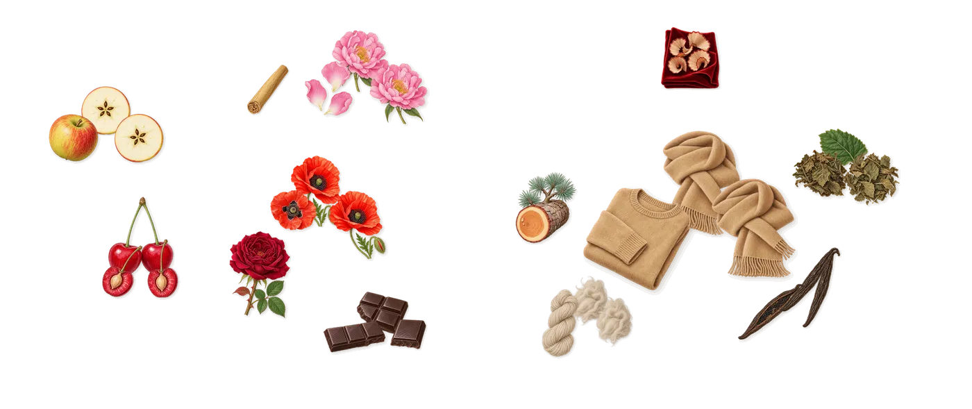 Cherry Baby’s scent picture, a draft: cherry, apple, poppy, peony, dark chocolate, cashmeran (cashmere wood) drawn so far; dashed outlines where nothing is drawn yet