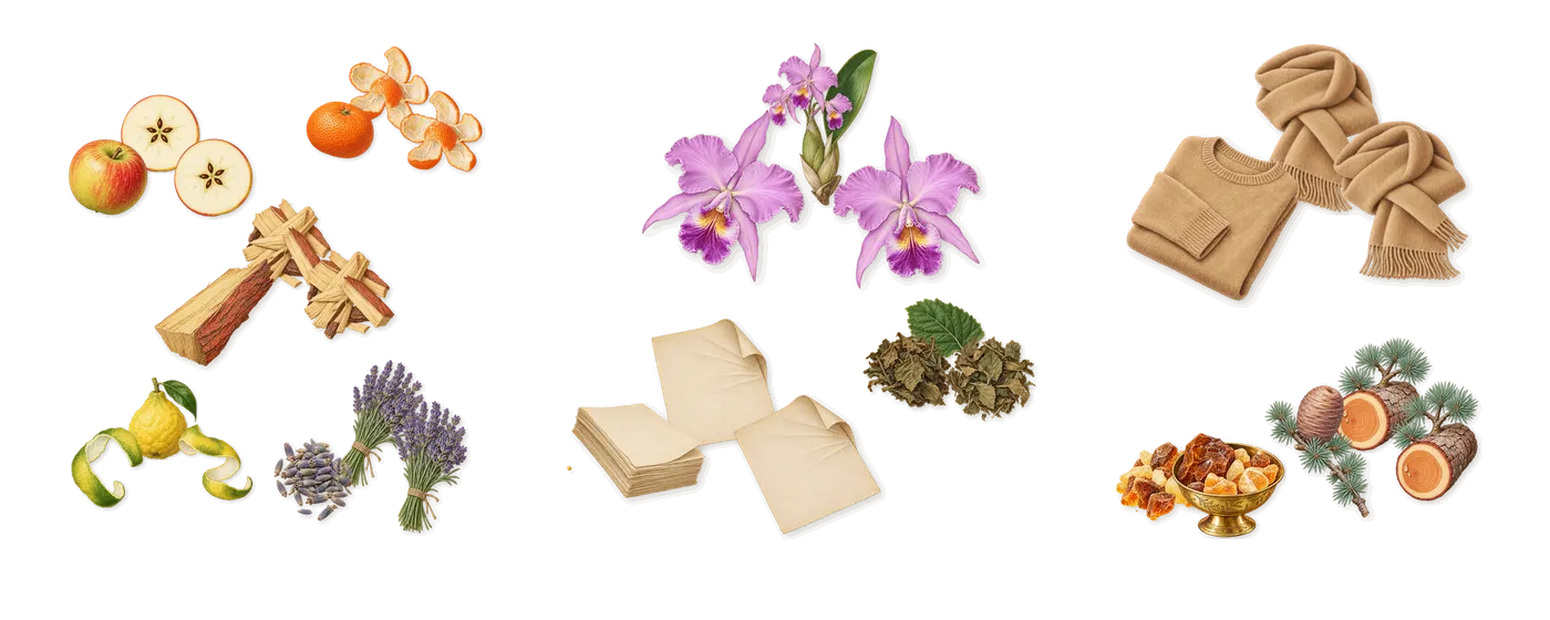Lovely’s scent picture, a draft: mandarin, bergamot, rosewood, lavender, apple, patchouli drawn so far; dashed outlines where nothing is drawn yet