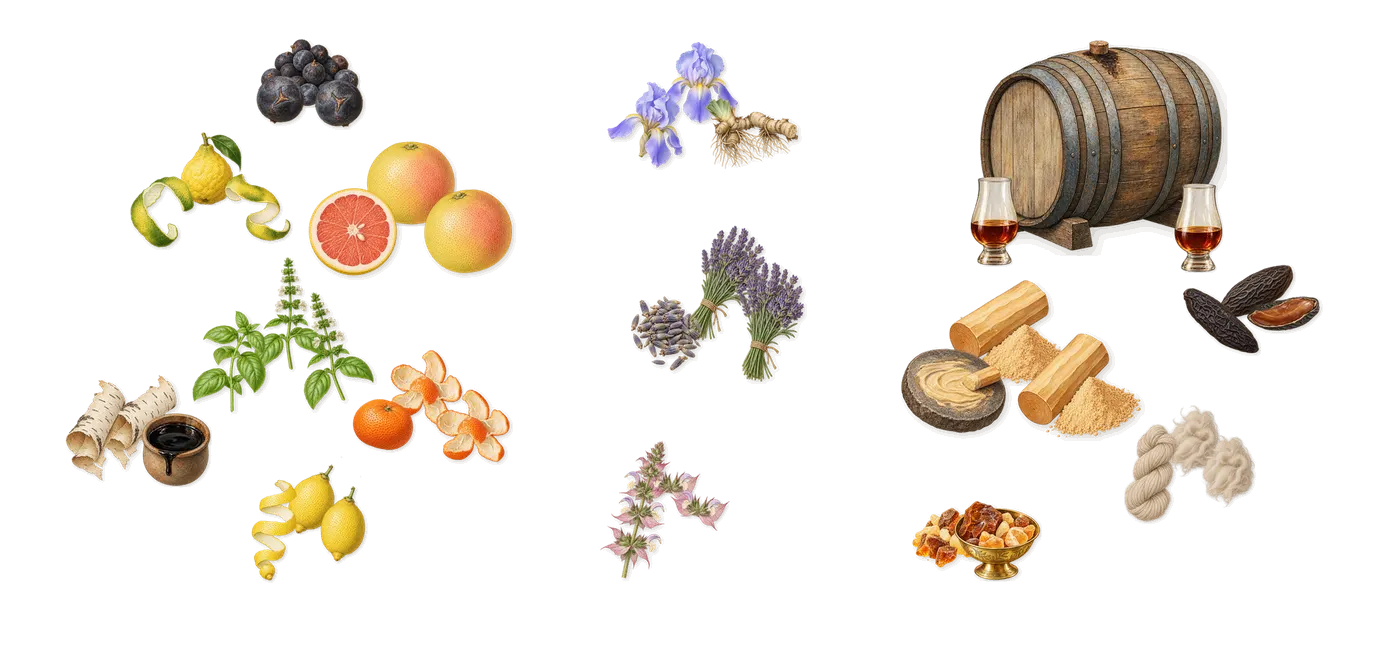 Unforgivable’s scent picture, a draft: mandarin, grapefruit, lemon, bergamot, birch, basil drawn so far; dashed outlines where nothing is drawn yet