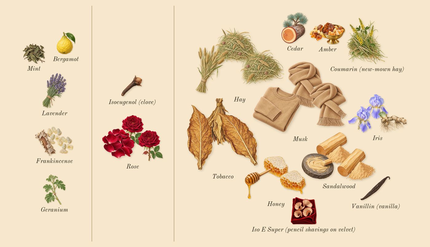 Chergui’s scent picture, a draft: amber, honey, musk, frankincense, tobacco, hay drawn so far; dashed outlines where nothing is drawn yet