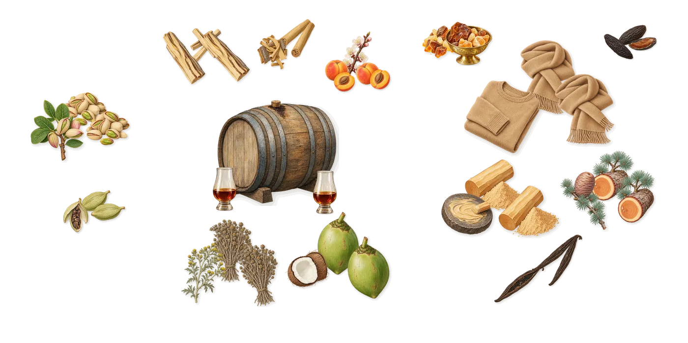 Heal the Way’s scent picture, a draft: pistachio, davana, palo santo, vanilla, musk, amber drawn so far; dashed outlines where nothing is drawn yet