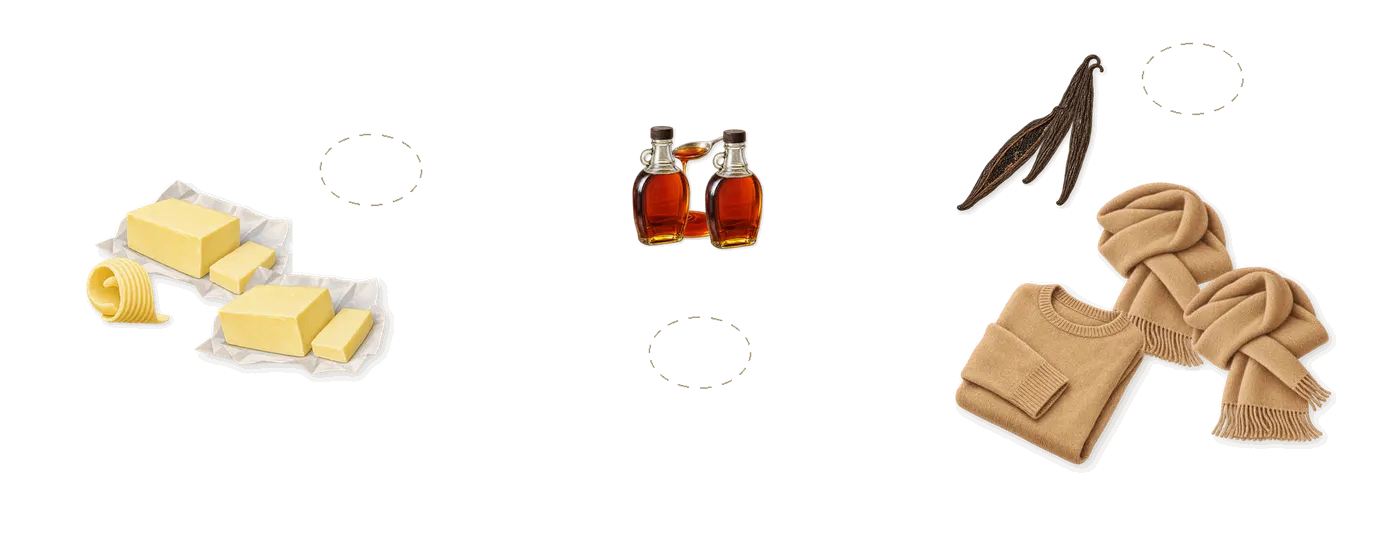 Hot Cakes’s scent picture, a draft: melted butter, maple syrup, sugared musk, vanilla drawn so far; dashed outlines where nothing is drawn yet
