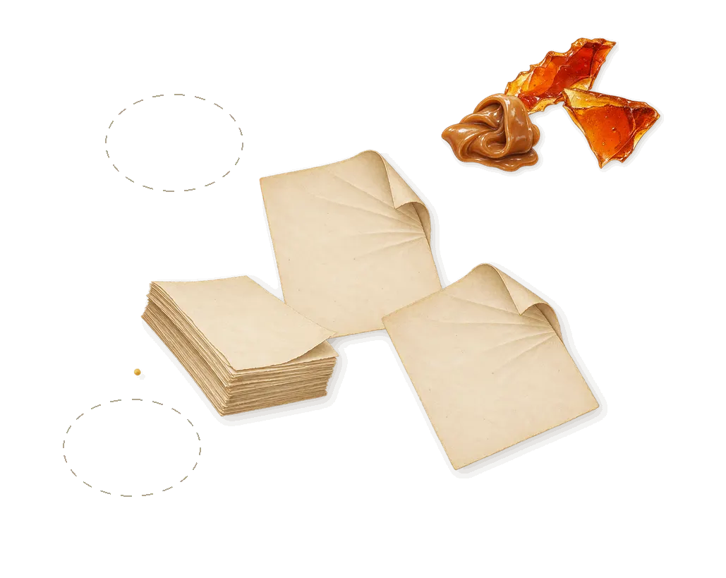 Ephemera, as it settles: Brown sugar, Notebook paper, Black soil, Acorns