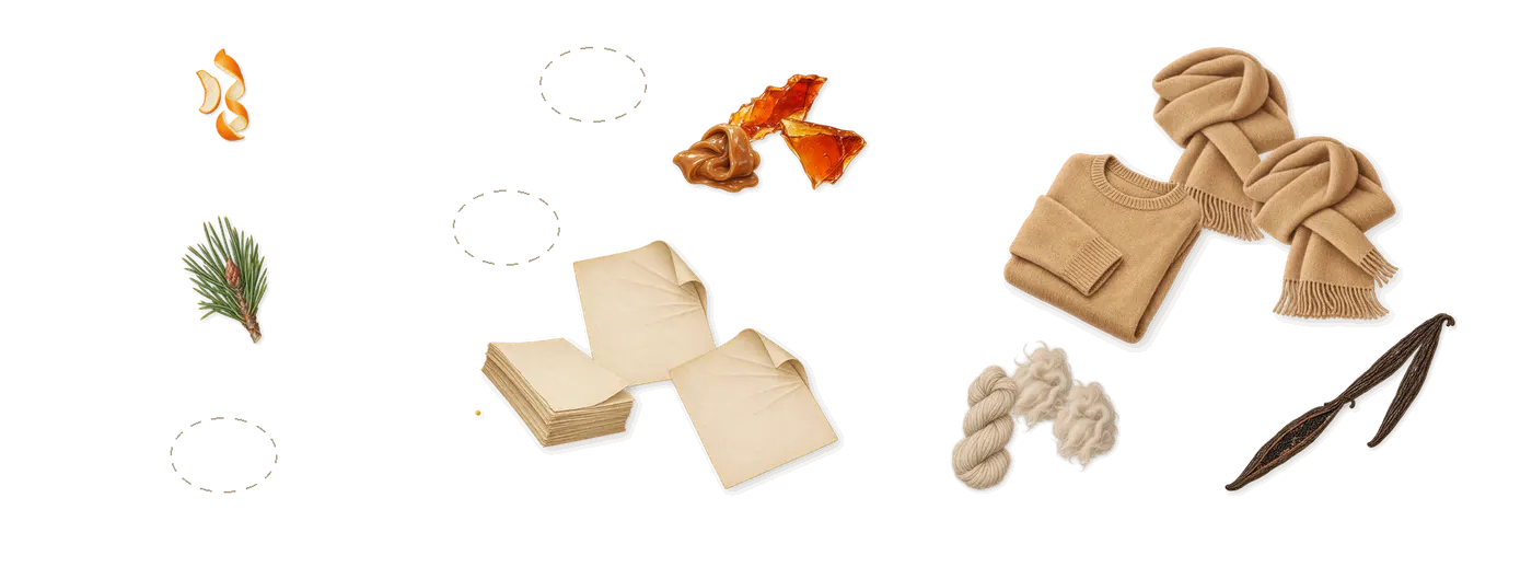 Ephemera’s scent picture, a draft: brown sugar, notebook paper, vanilla (vanillin), cashmere wood, milky musk, limonene (orange peel) drawn so far; dashed outlines where nothing is drawn yet