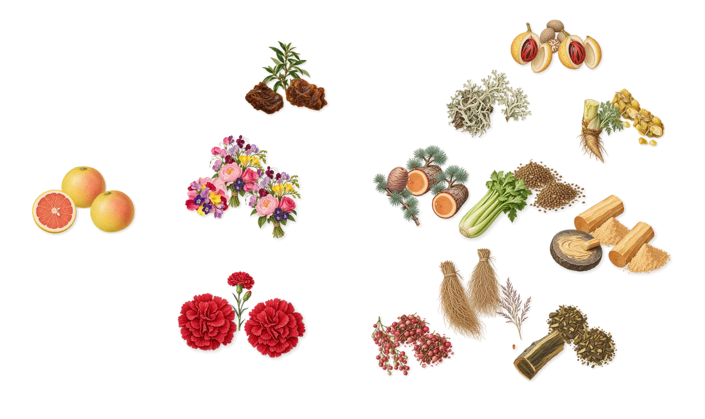 Basso’s scent picture, a draft: grapefruit, floral notes, carnation, labdanum, sandalwood, vetiver drawn so far; dashed outlines where nothing is drawn yet