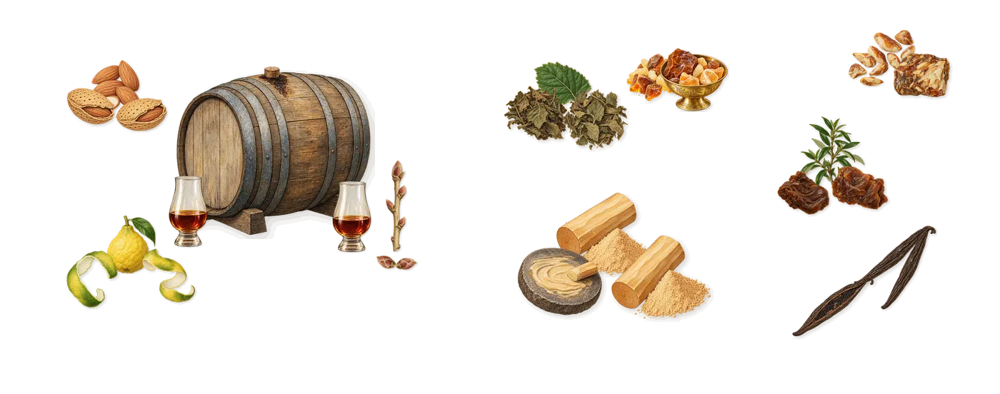 Il Padrino’s scent picture, a draft: dark rum, almond, blackcurrant, bergamot, patchouli, amber drawn so far; dashed outlines where nothing is drawn yet