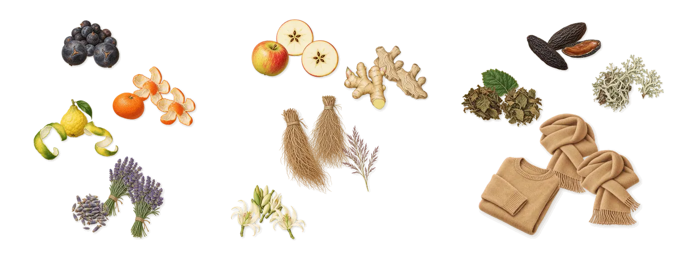 Mezzo’s scent picture, a draft: bergamot, mandarin, juniper, lavender, apple, vetiver drawn so far; dashed outlines where nothing is drawn yet