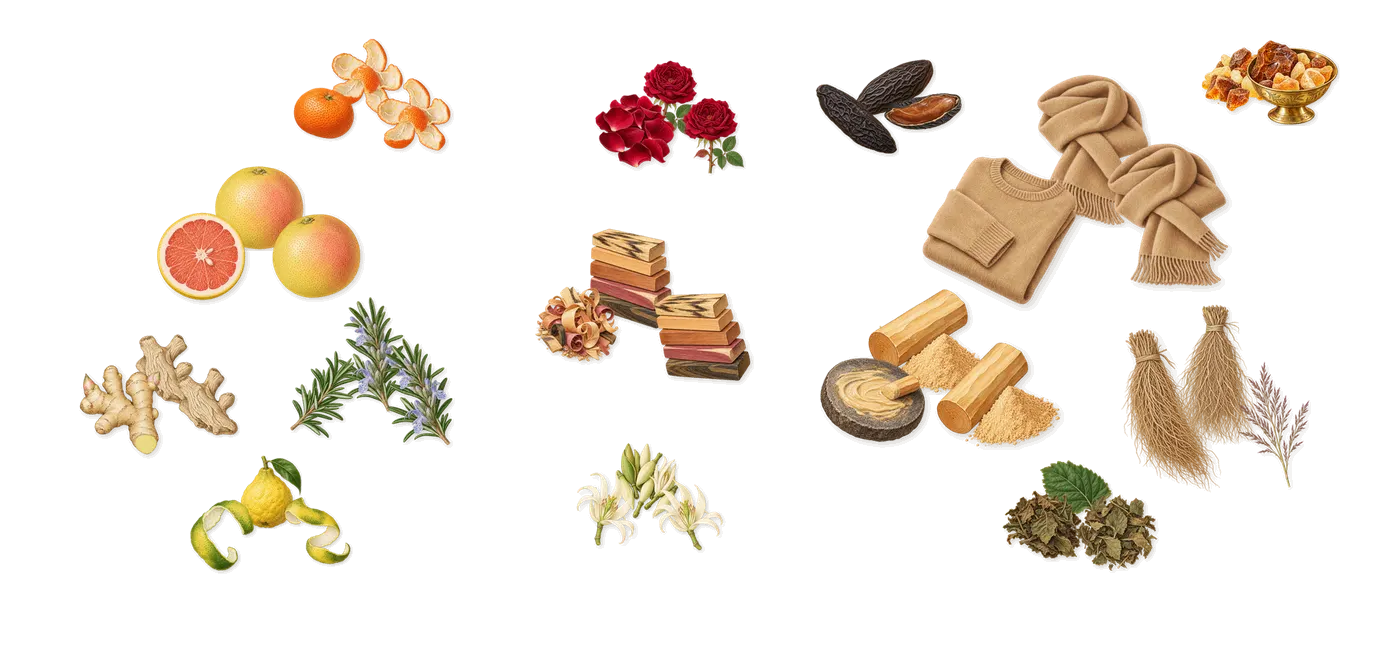 Vibrato’s scent picture, a draft: grapefruit, bergamot, mandarin, ginger, rosemary, magnolia drawn so far; dashed outlines where nothing is drawn yet