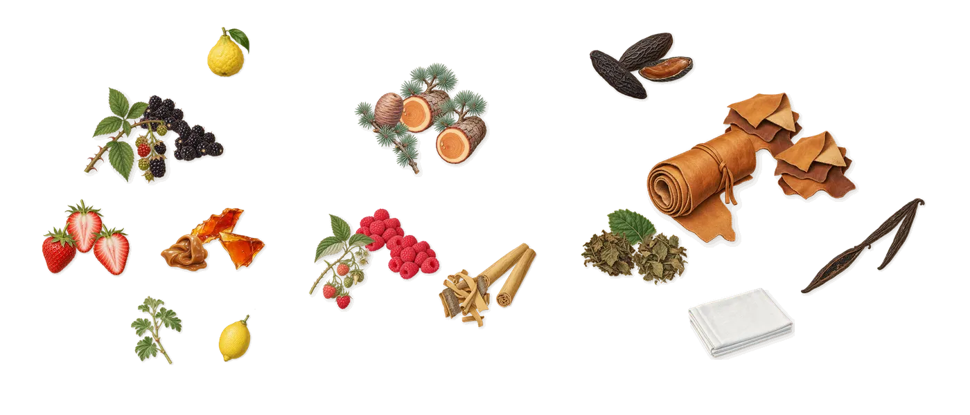 Venom Incarnat’s scent picture, a draft: blackberry, strawberry, caramel, raspberry, cedar, cinnamon drawn so far; dashed outlines where nothing is drawn yet