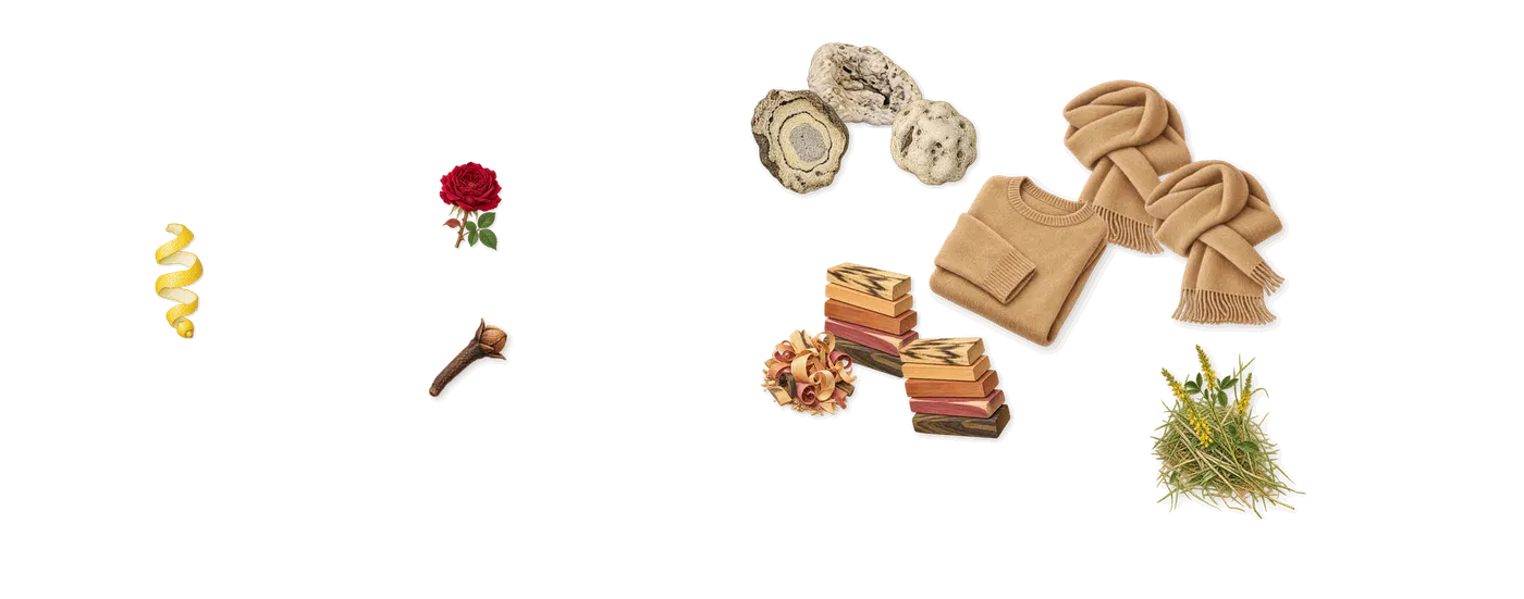 Original’s scent picture, a draft: musk, ambergris, precious wood, coumarin (new-mown hay), citral (lemon), geraniol (rose) drawn so far; dashed outlines where nothing is drawn yet