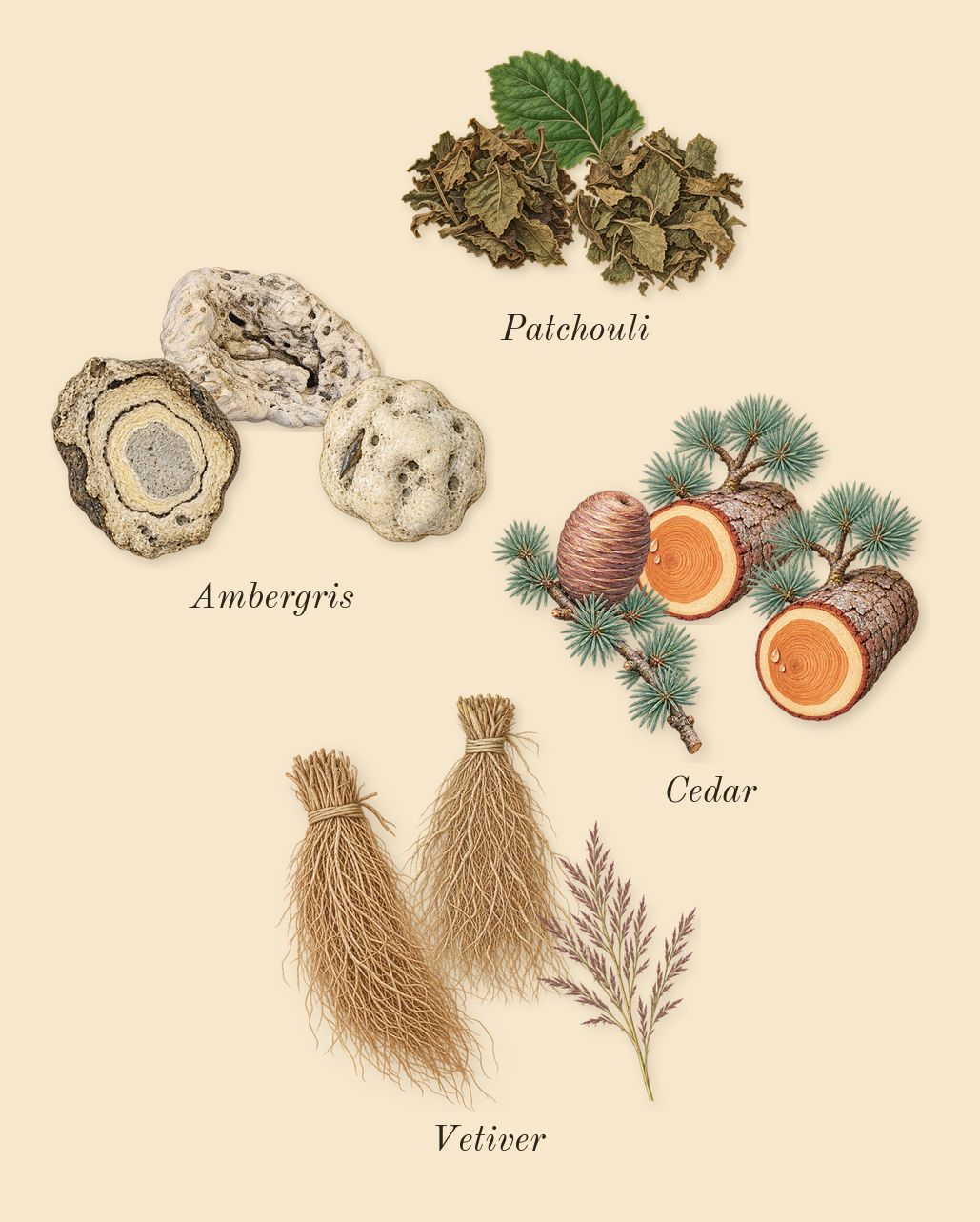 Au Coeur du Désert, dry-down: Patchouli, Cedar, Vetiver, Ambergris