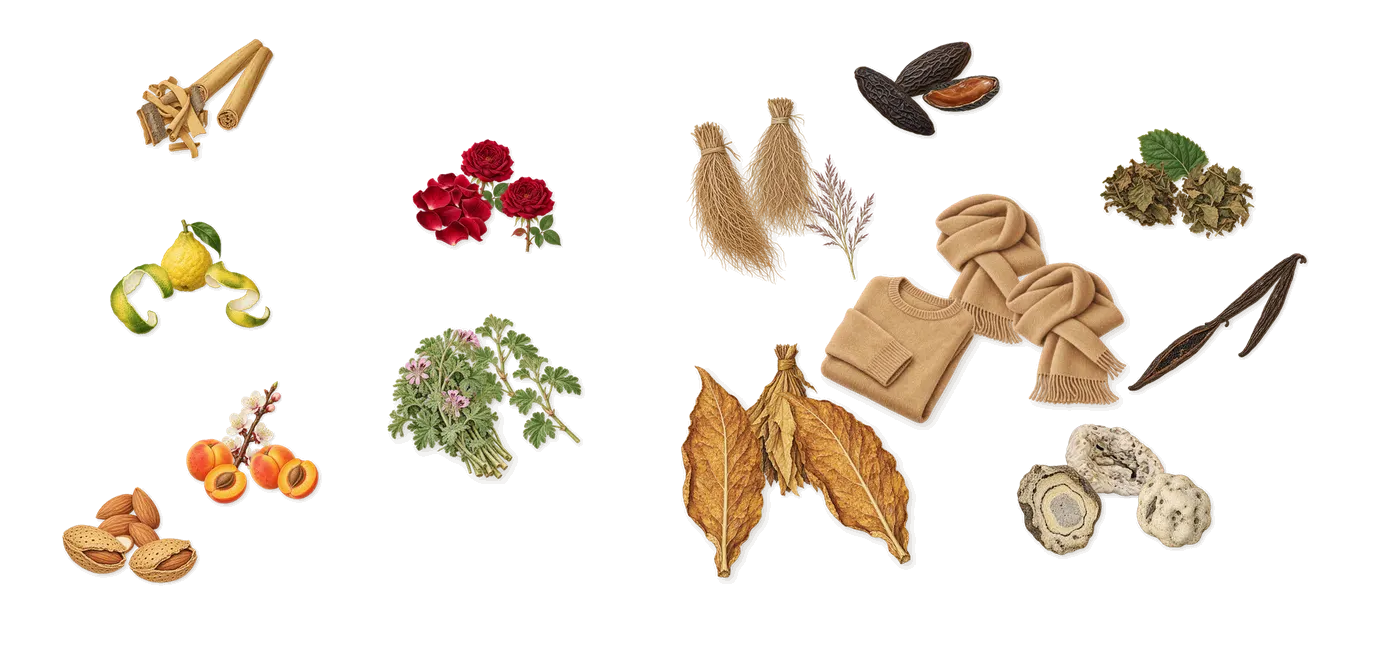 PHI Une Rose de Kandahar’s scent picture, a draft: apricot, cinnamon, almond, bergamot, rose, geranium drawn so far; dashed outlines where nothing is drawn yet